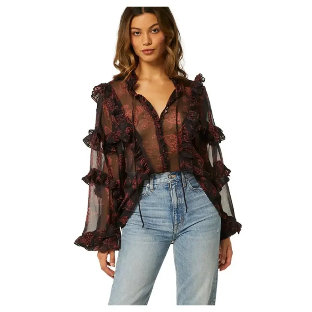 MISA Los Angeles Frida Butterfly Sheer Blouse Ruffle Puffy Sleeves sz XS X-Small - Picture 3 of 13